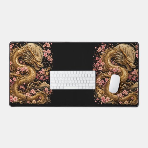 Golden Dragon & Sakura Blossom Aesthetics Gaming D Desk Mat