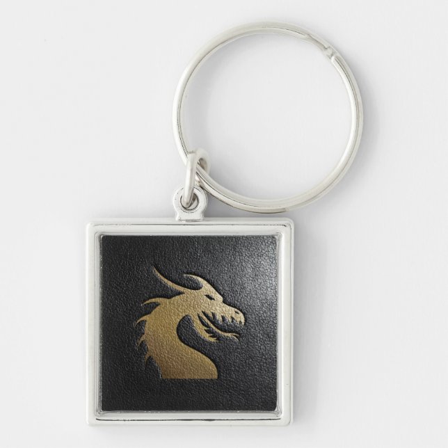 Golden dragon silhouette on black leather keychain (Front)