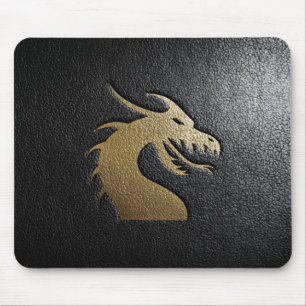 Golden dragon silhouette on black leather mouse pad