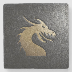 Golden dragon silhouette on black leather stone coaster