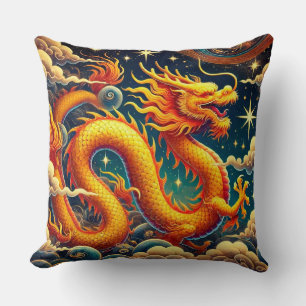 Golden Dragon Soaring Among Enchanting Clouds Throw Pillow