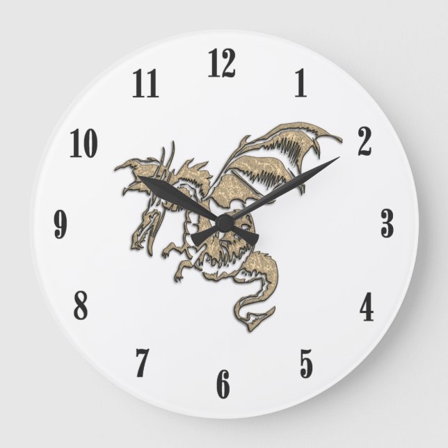 Golden Dragon White Face Black Numbers Large Clock (Front)