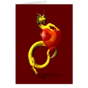 Golden Dragon With Big Red Heart Cards