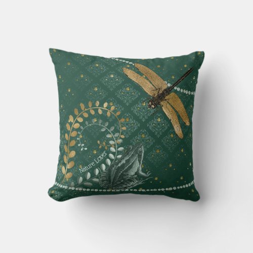 Golden Dragonfly and Teal Frog on Floral Damask Throw Pillow