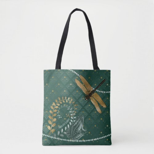 Golden Dragonfly and Teal Frog on Floral Damask Tote Bag