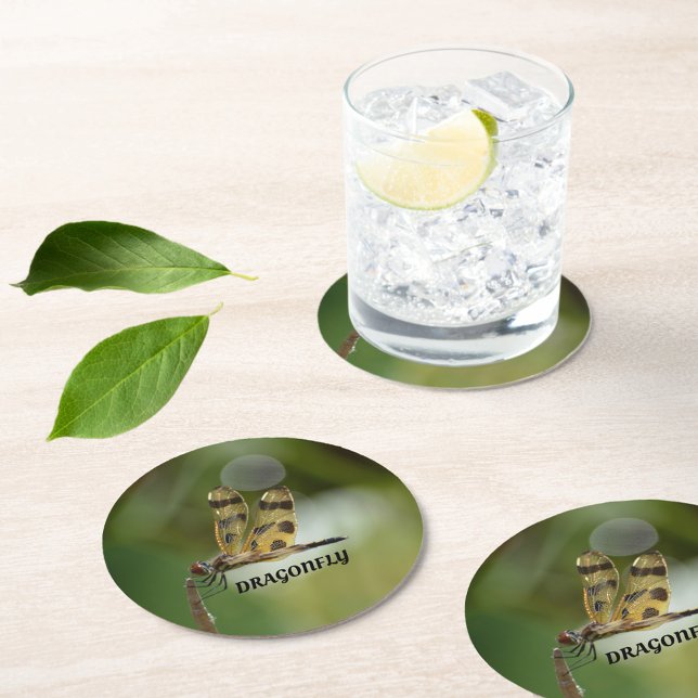 Golden Dragonfly Customizable Green Round Paper Coaster (Creator Uploaded)