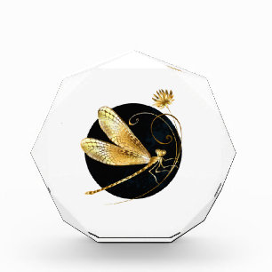 Golden dragonfly in black circle acrylic award