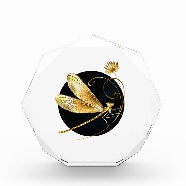 Golden dragonfly in black circle acrylic award (Front)