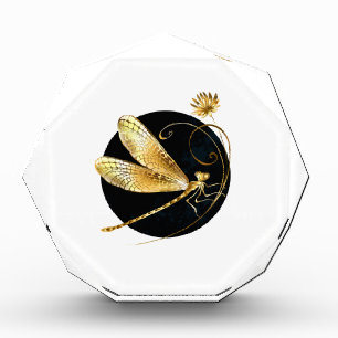 Golden dragonfly in black circle acrylic award