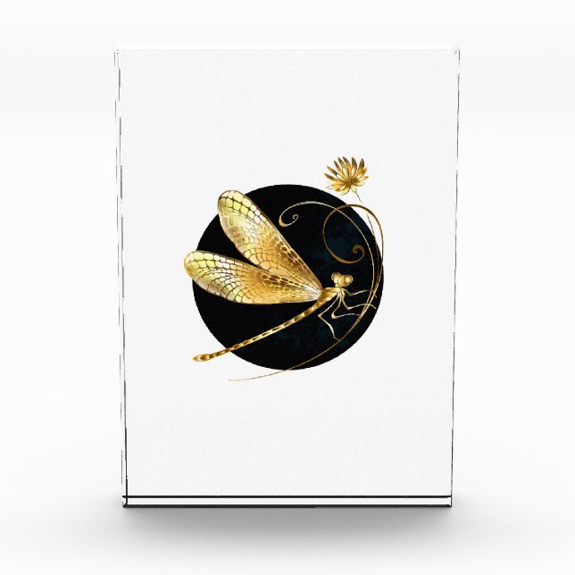 Golden dragonfly in black circle acrylic award (Front)