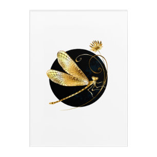 Golden dragonfly in black circle acrylic print