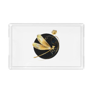 Golden dragonfly in black circle acrylic tray
