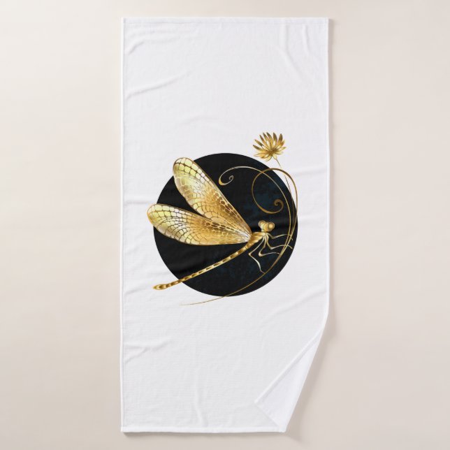 Golden dragonfly in black circle bath towel (Bath Towel)