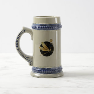 Golden dragonfly in black circle beer stein