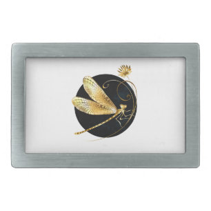 Golden dragonfly in black circle belt buckle