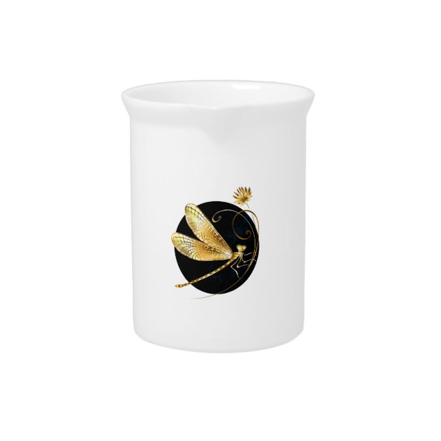 Golden dragonfly in black circle beverage pitcher (Front)