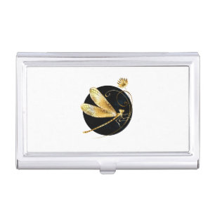 Golden dragonfly in black circle business card case