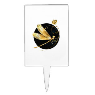 Golden dragonfly in black circle cake topper