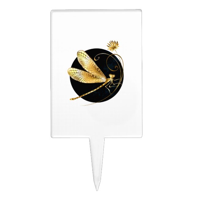 Golden dragonfly in black circle cake topper (Front)