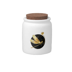 Golden dragonfly in black circle candy jar
