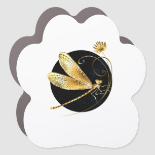 Golden dragonfly in black circle car magnet