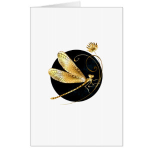Golden dragonfly in black circle card