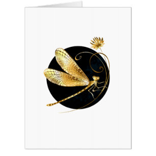Golden dragonfly in black circle card
