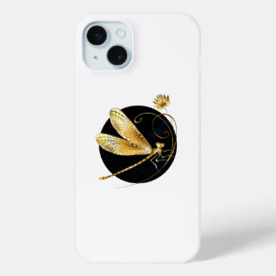 Golden dragonfly in black circle iPhone 15 plus case