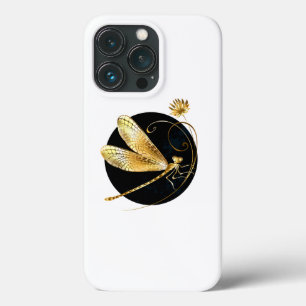 Golden dragonfly in black circle iPhone 13 pro case