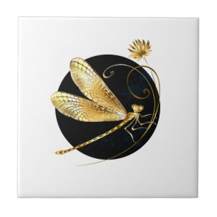 Golden dragonfly in black circle ceramic tile