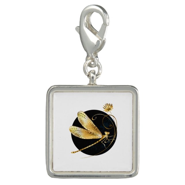 Golden dragonfly in black circle charm (Front)