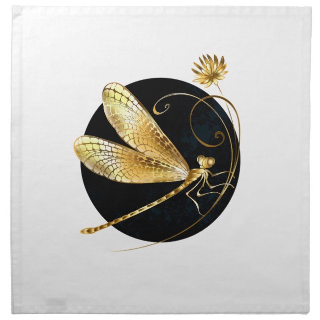 Golden dragonfly in black circle cloth napkin (Front)