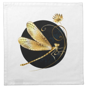Golden dragonfly in black circle cloth napkin