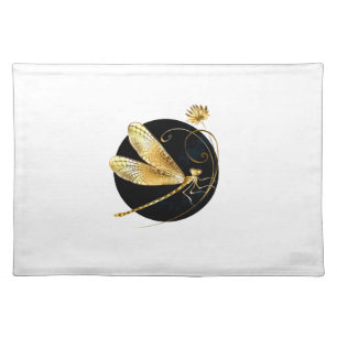 Golden dragonfly in black circle cloth placemat
