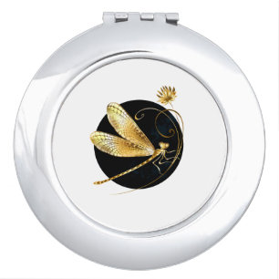Golden dragonfly in black circle compact mirror