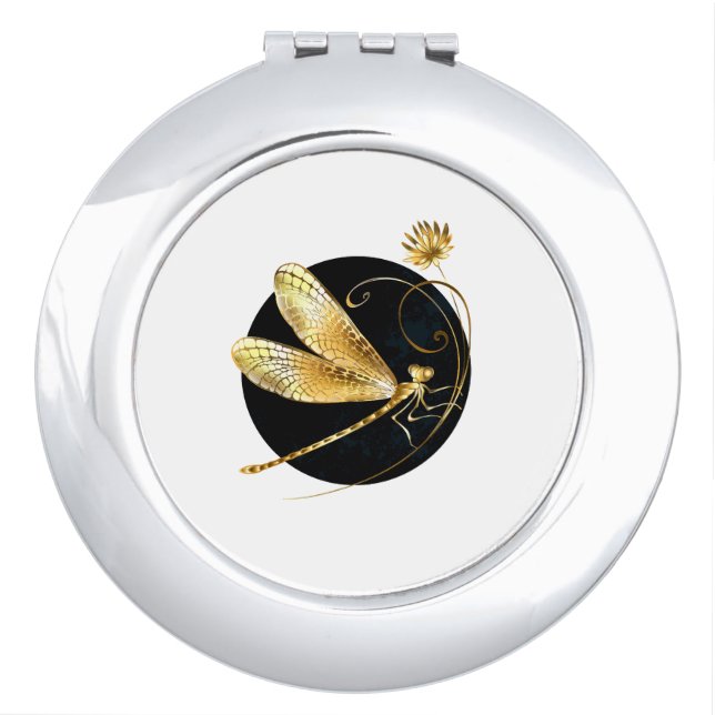 Golden dragonfly in black circle compact mirror (Front)