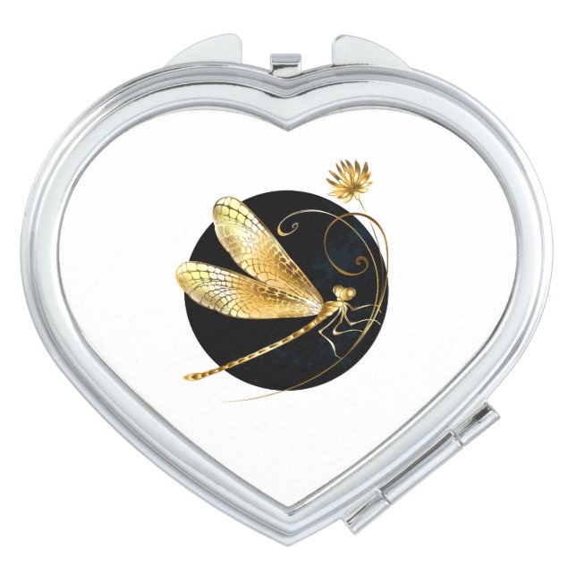 Golden dragonfly in black circle compact mirror (Front)
