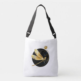 Golden dragonfly in black circle crossbody bag