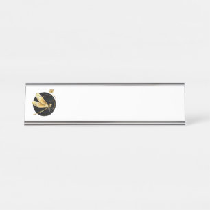 Golden dragonfly in black circle desk name plate