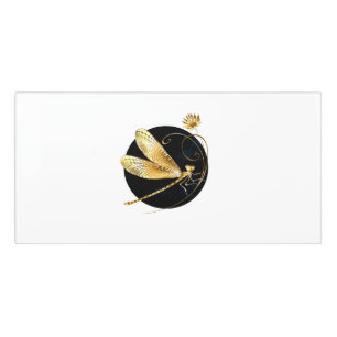 Golden dragonfly in black circle door sign