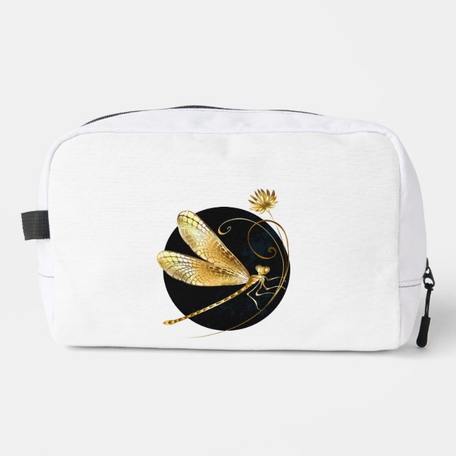 Golden dragonfly in black circle dopp kit (Front)