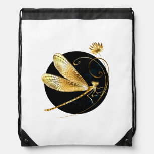Golden dragonfly in black circle drawstring bag