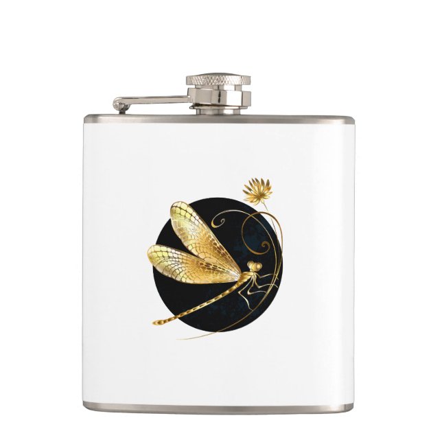 Golden dragonfly in black circle flask (Front)