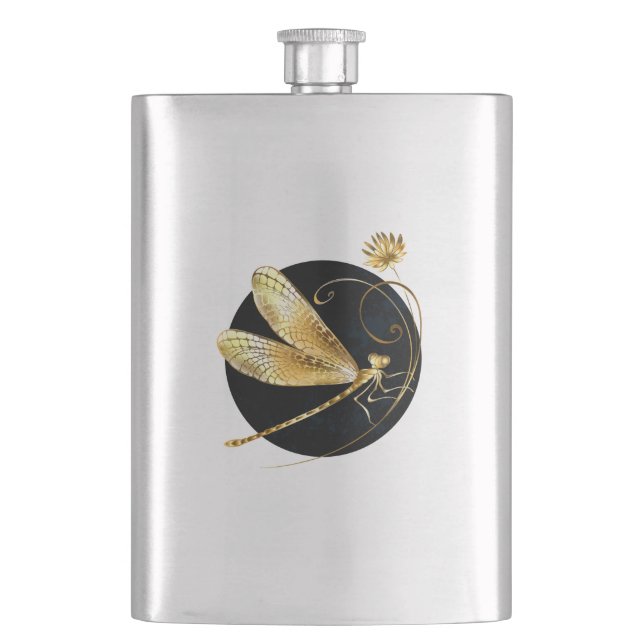 Golden dragonfly in black circle flask (Front)