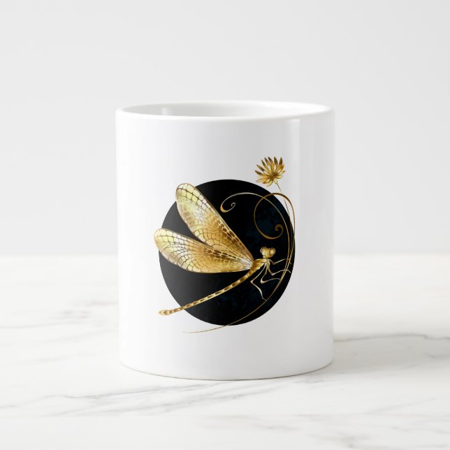 Golden dragonfly in black circle giant coffee mug (Front)