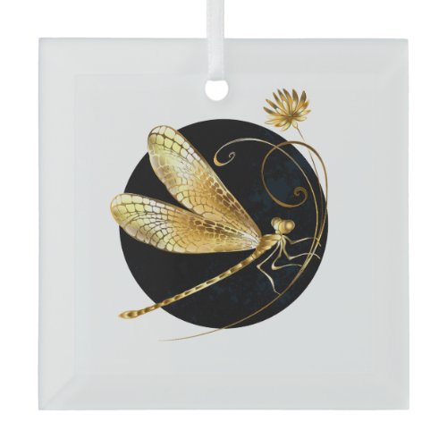 Golden dragonfly in black circle glass ornament