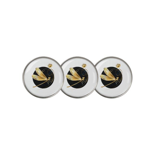 Golden dragonfly in black circle golf ball marker (3 Up)