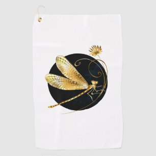 Golden dragonfly in black circle golf towel