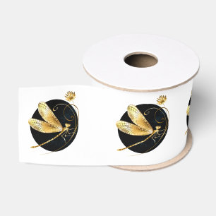 Golden dragonfly in black circle grosgrain ribbon