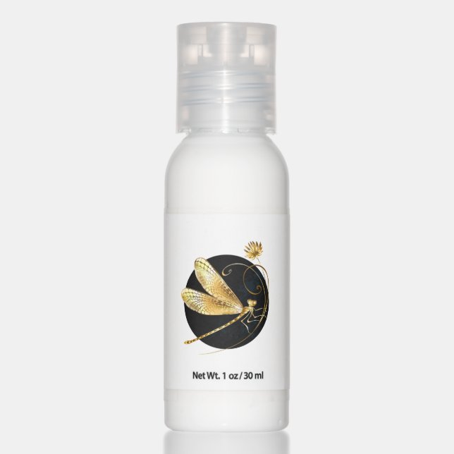 Golden dragonfly in black circle hand lotion (Front)